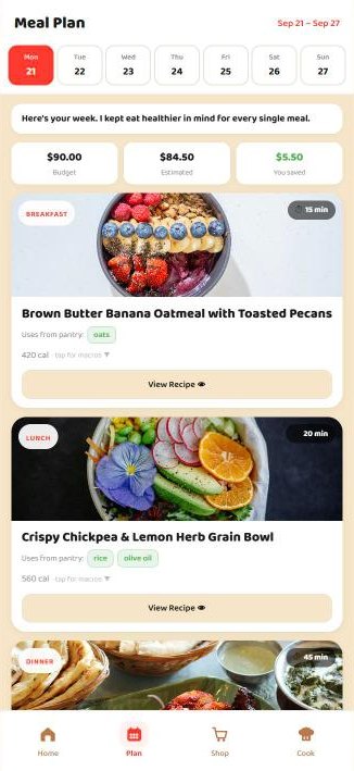 Chef Buddy app: the Meal Plan screen, a week of meals with budget and savings