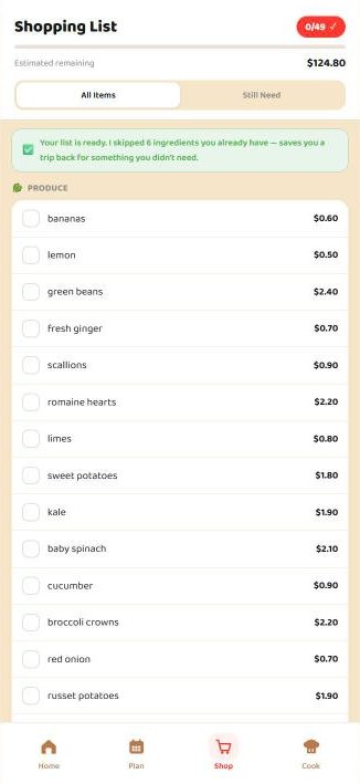 Chef Buddy app: the Shopping List screen, grouped by aisle with prices