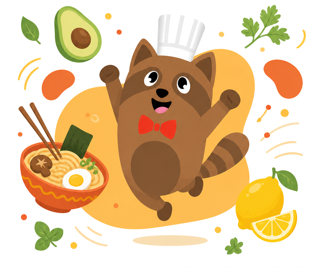 Remy the raccoon chef celebrating, surrounded by fresh ingredients.